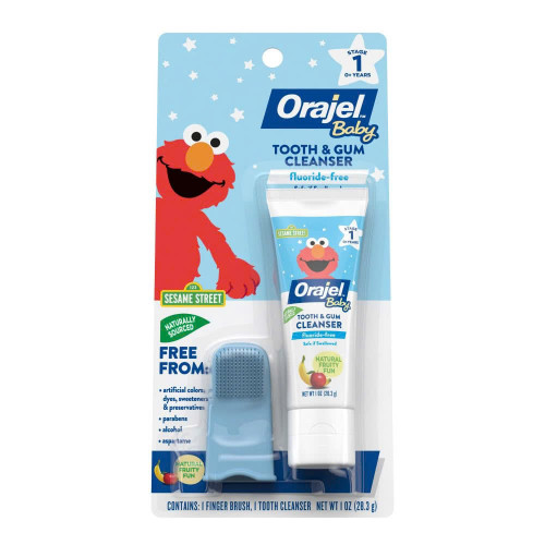 Set bàn chải xỏ ngón + kem đánh răng Orajel Baby Elmo  Tooth & Gum Cleanser with Finger Brush